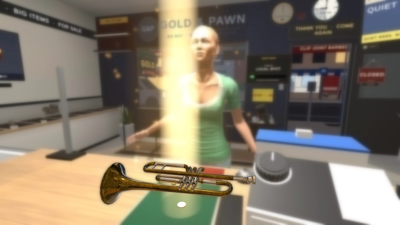 A brass trumpet on the counter in a beam of golden light
