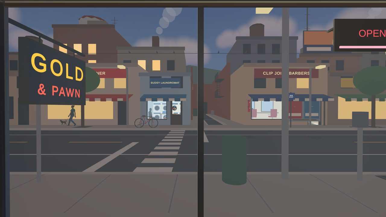 The street outside the Gold & Pawn sign at dusk